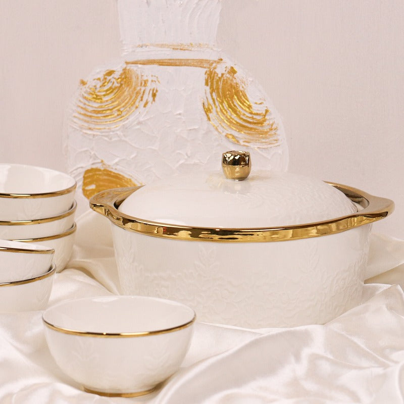 طقم طنجرة بغطاء +6 زبادي 6" ابيض خط ذهبي