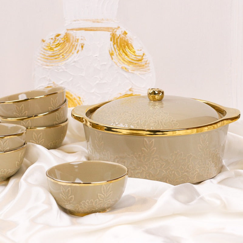 طقم طنجرة بغطاء +6 زبادي 6" بني خط ذهبي