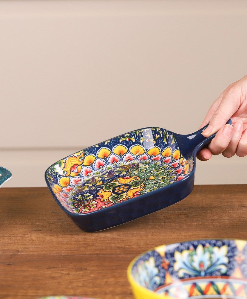 صحن طعام بورسلان مزخرف ملوّن مربع بمقبض 7 إنش