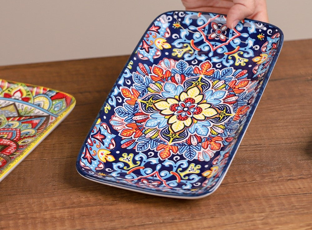 صحن طعام بورسلان مزخرف ملوّن مستطيل 10 إنش