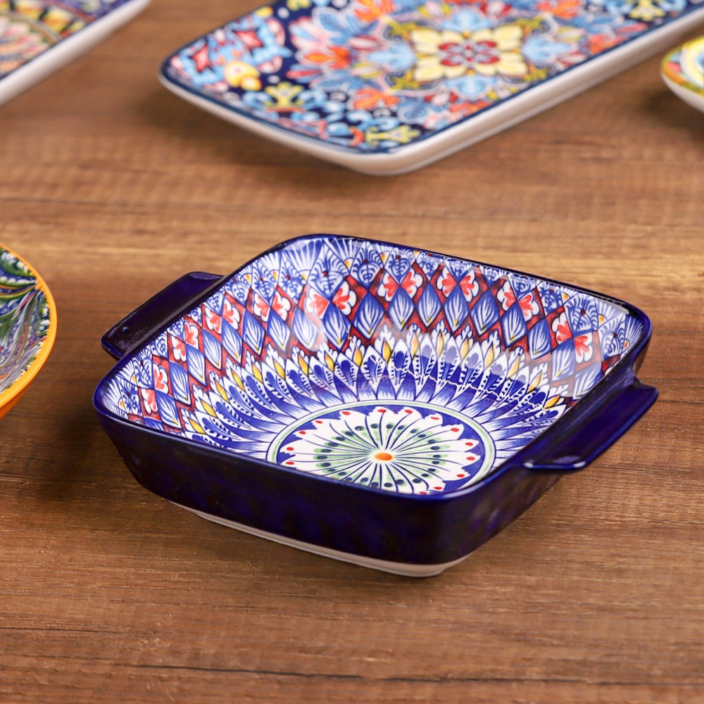 صحن تقديم بورسلان مزخرف ملوّن مربع بمقابض 7 إنش