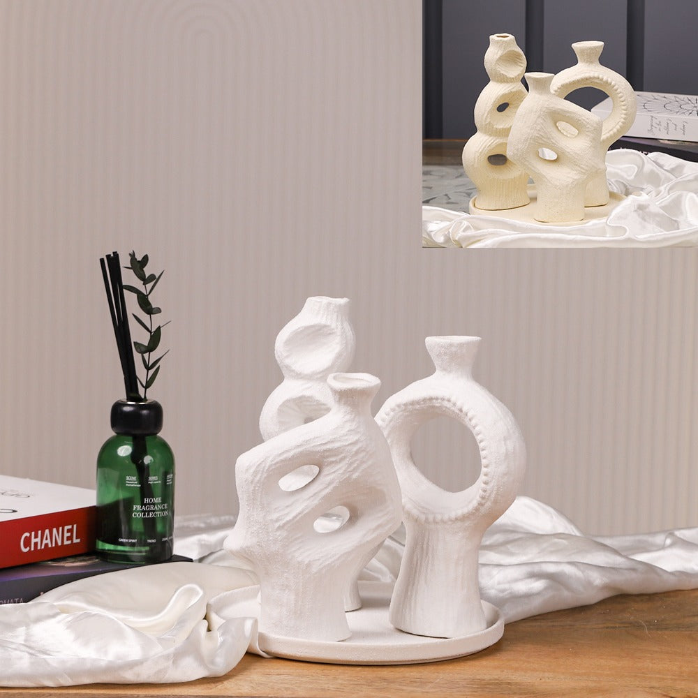 صينية + 3 فازات باللون الأبيض/البيج