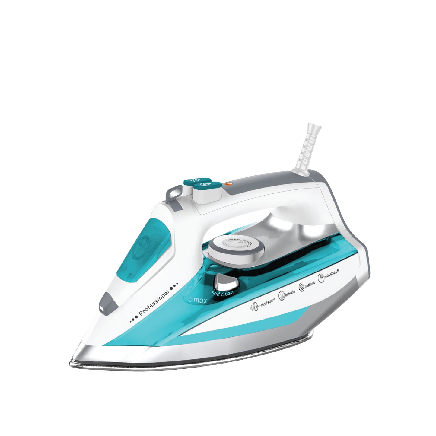 מגהץ אדים 2500 ואט, כחול ולבן, עם בסיס קרמי.