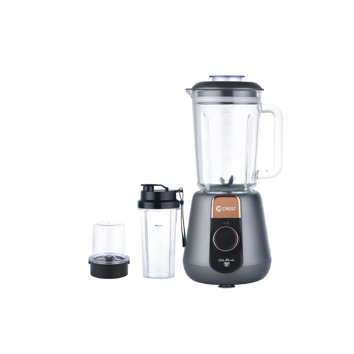 סט בלנדר אפור-ברונזה, קנקן זכוכית 1.5 ליטר + מטחנה + כוס נוספת.