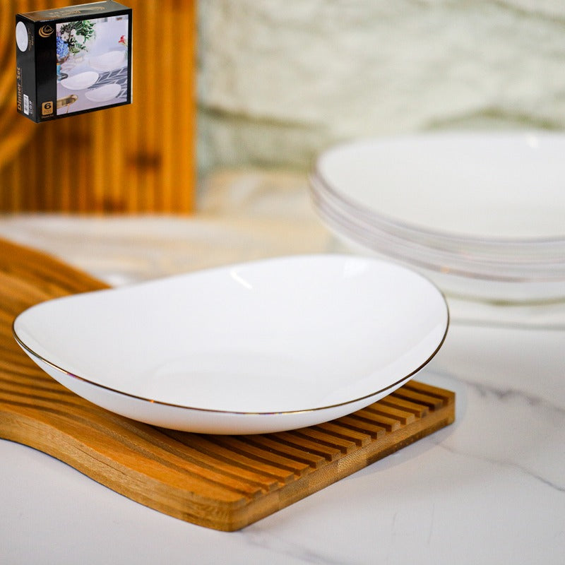 طقم صحون اكل اوبال ابيض 9" 6 قطع بيضوي خط ذهبي