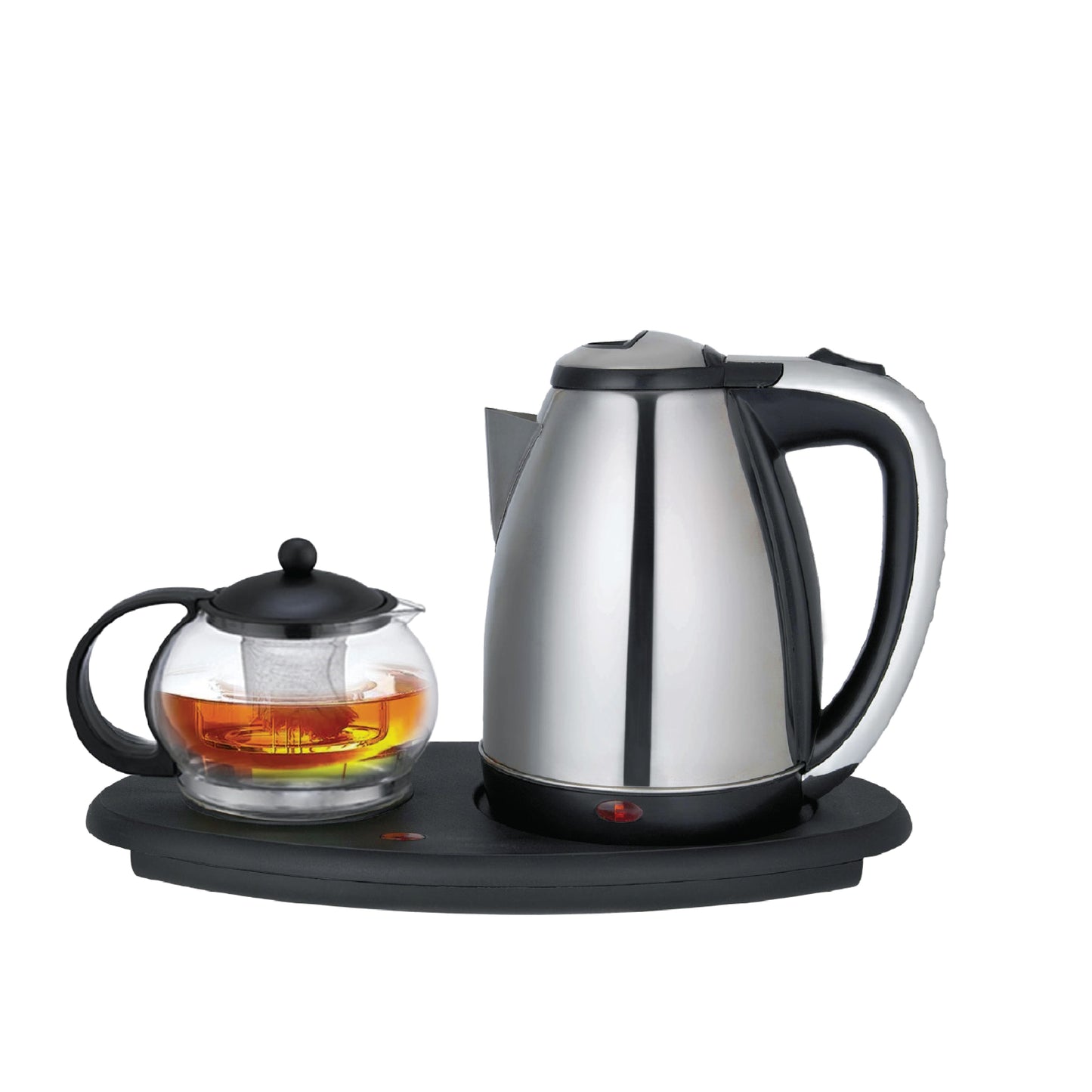 סט קומקום חימום חשמלי זכוכית ונירוסטה  1.8 ליטר עם קנקן  בסיס פלסטיק שחור