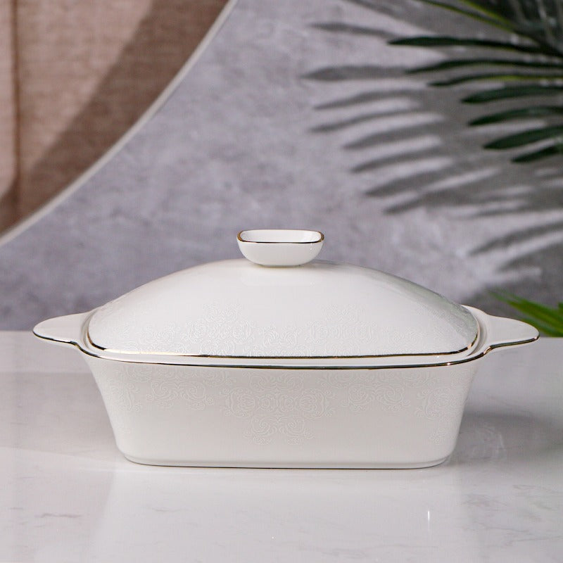 طنجرة بورسلان ابيض منقش خط ذهبي مستطيل 12.5"