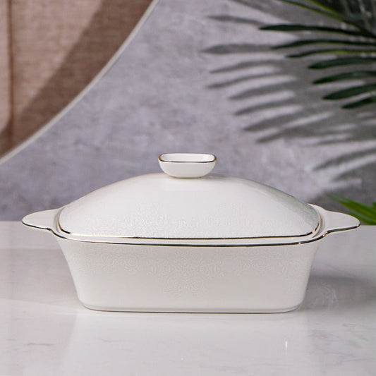 طنجرة بورسلان ابيض منقش خط ذهبي مستطيل 11.5"