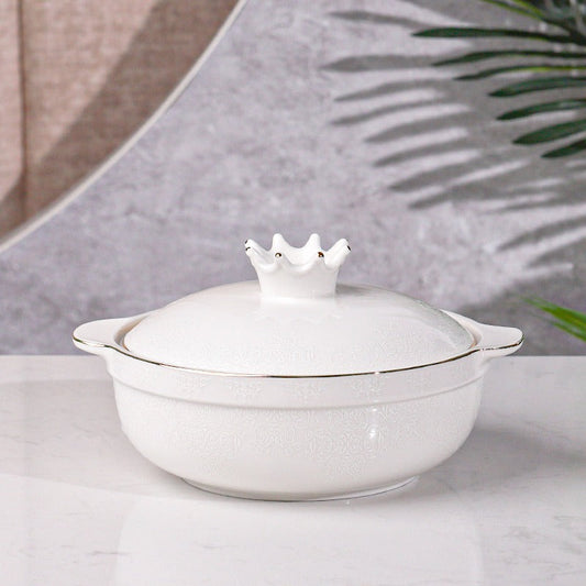 طنجرة بورسلان ابيض منقش خط ذهبي مدور 10.5"