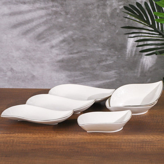 طقم جاط مقسم + 3 صحون مكسرات بورسلان ابيض منقش خط ذهبي