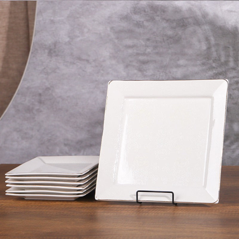 طقم جاط + 6 صحون فواكه مربع بورسلان ابيض منقش خط ذهبي