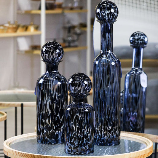 فازة زجاج شفاف ازرق و اسود غطاء طابة 14X38سم