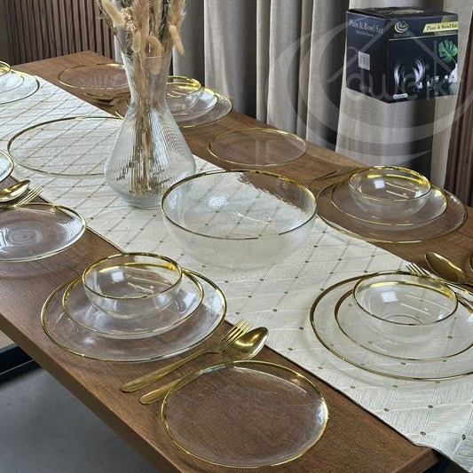 طقم صحون 26 قطعة زجاج شفاف خط ذهبي ثقيل