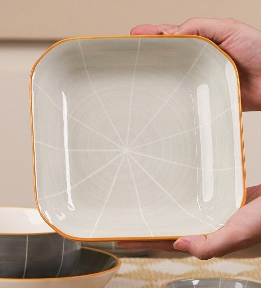 صحن وجبة رئيسية بورسلان مزخرف ملوّن مربع/دائري