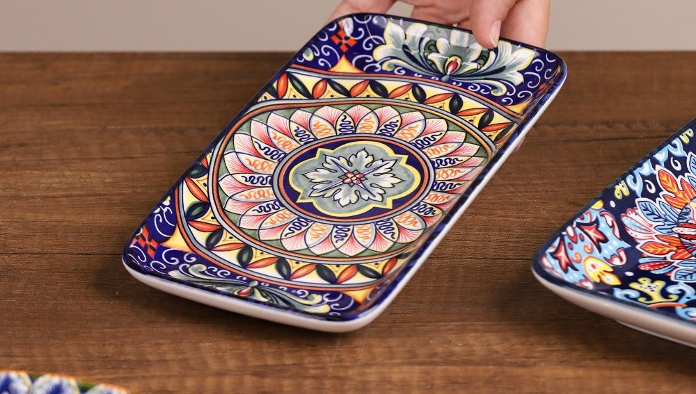 صحن طعام بورسلان مزخرف ملوّن مستطيل 8 إنش