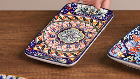 صحن طعام بورسلان مزخرف ملوّن مستطيل 8 إنش