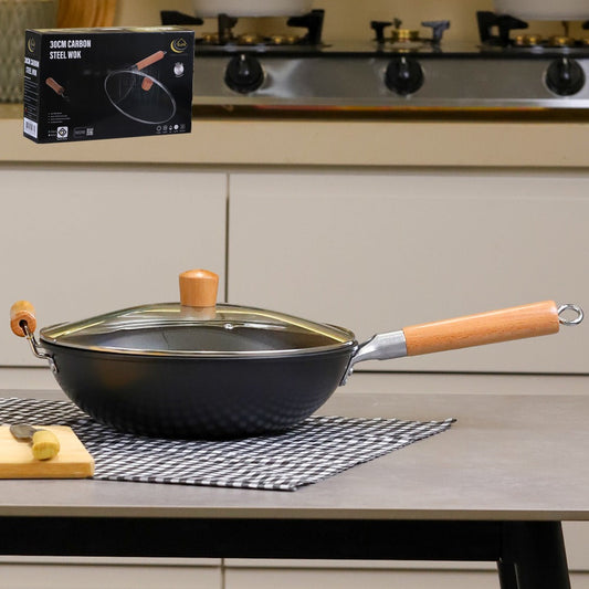 مقلى ووك ثقيل مع غطاء ويد خشب 30 سم