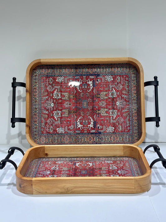 طقم صواني خشب مدورة مع ايدين حديد