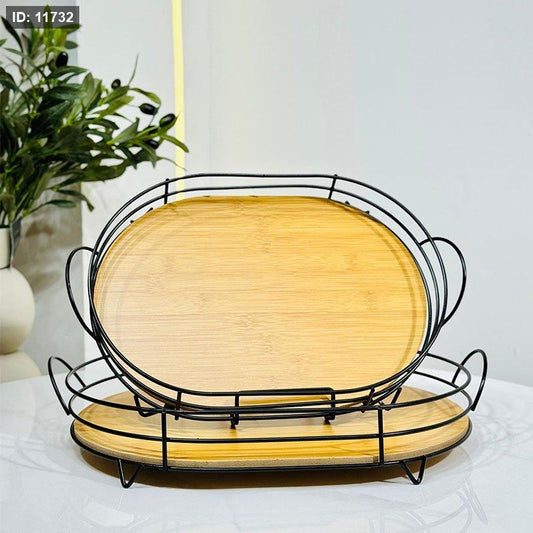 طقم صينيتين خشب بإطار حديد أسود