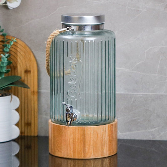 קנקן זכוכית מחורץ עם ברז 8 ליטר בסיס במבוק מכסה נירוסטה