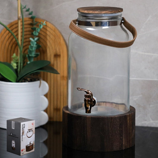 קנקן זכוכית חלק עם ברז 6 ליטר בסיס ומכסה עץ חום