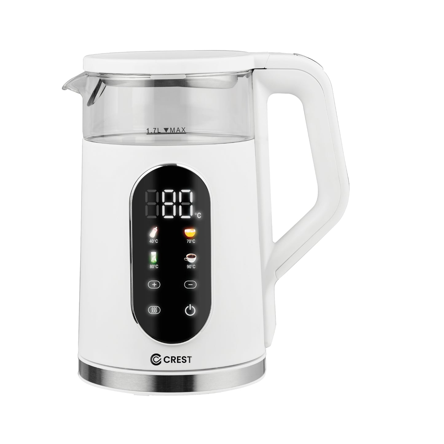 קומקום חימום 1.7 ליטר זכוכית מכסה פלסטיק, לבן, 13 תוכניות דיגיטליות.