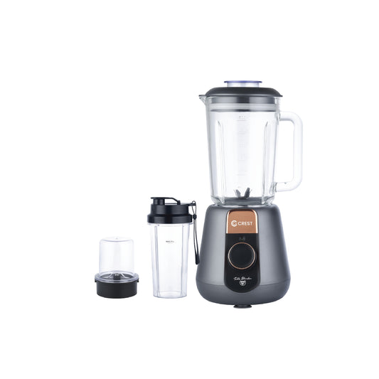 סט בלנדר אפור-ברונזה, קנקן זכוכית 1.5 ליטר + מטחנה + כוס נוספת.